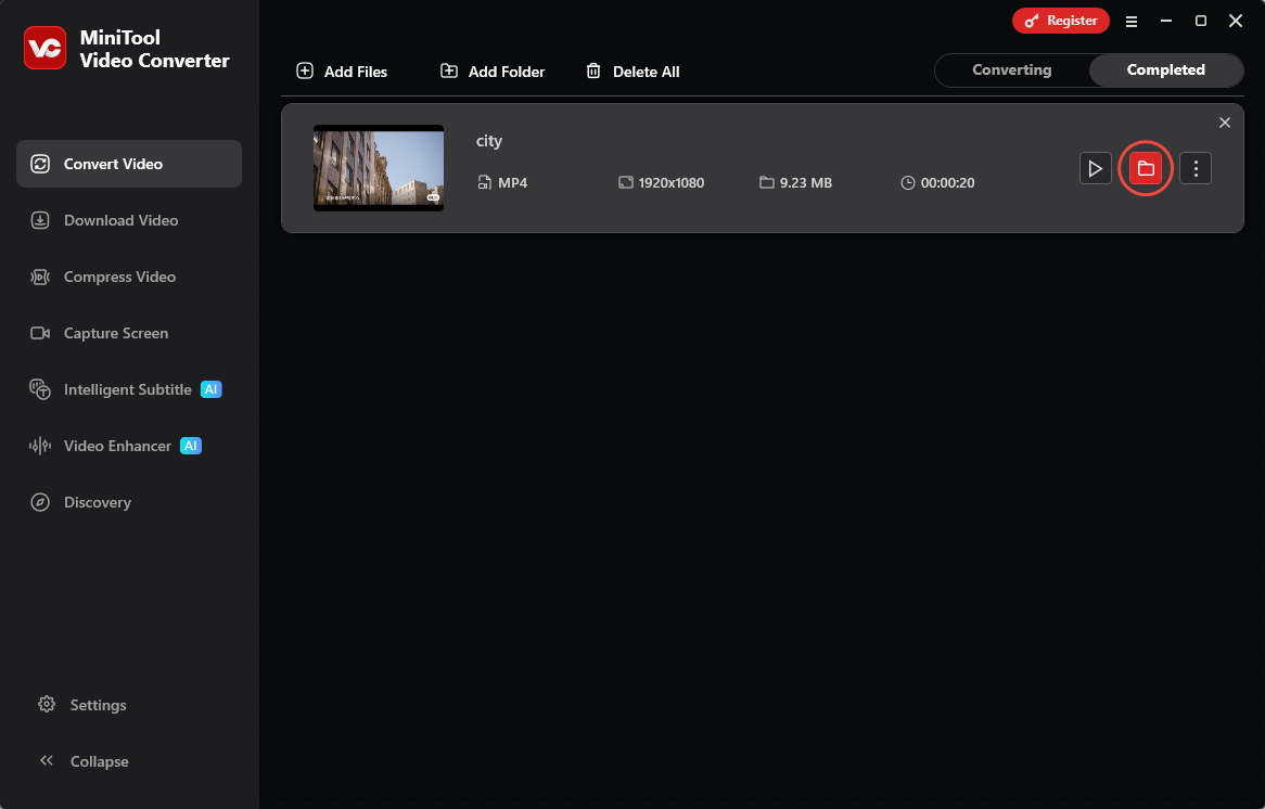 MiniTool Video Converter Convert Video interface with the folder icon selected under the Completed tab.