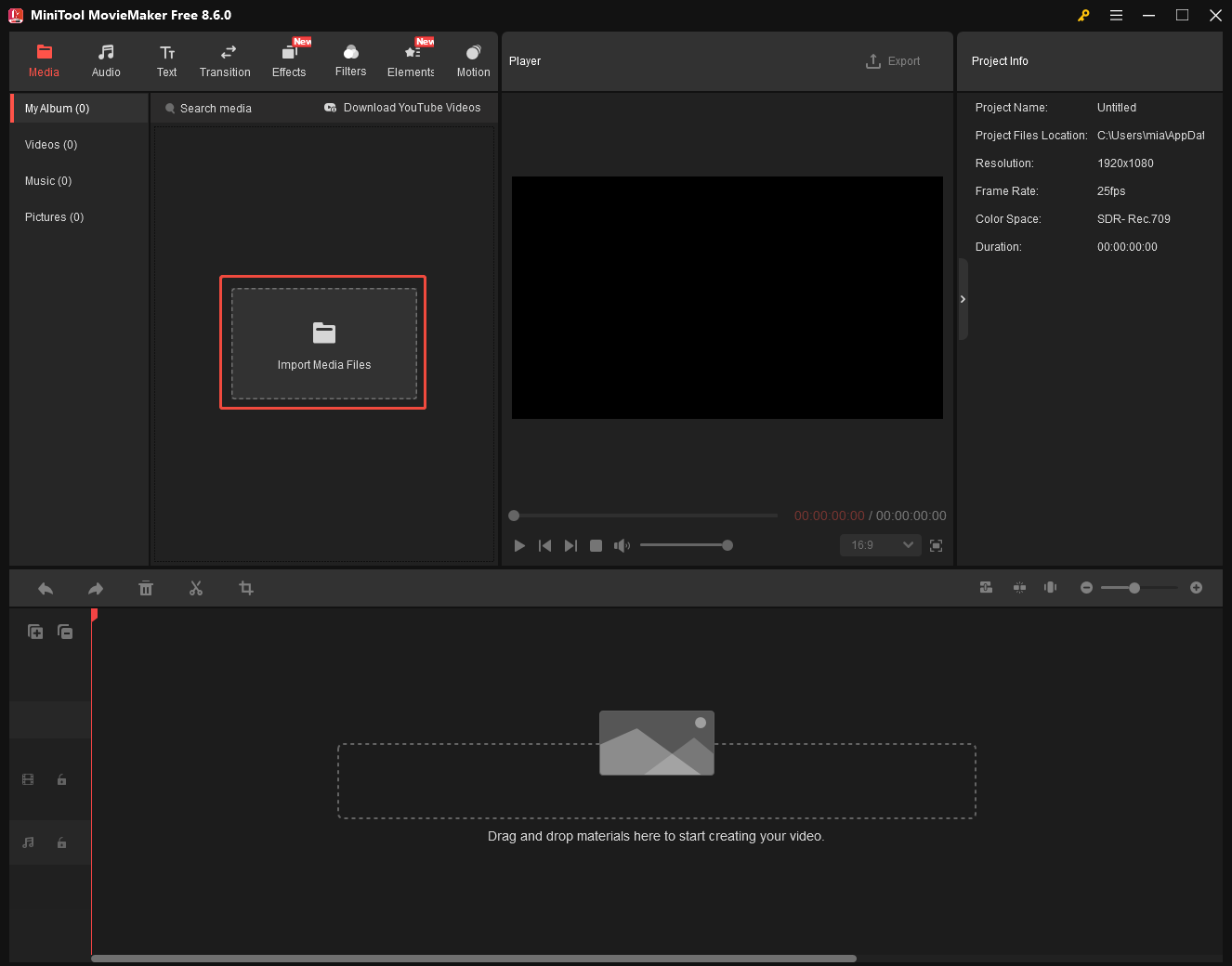 MiniTool MovieMaker interface with the Import Media Files option selected.