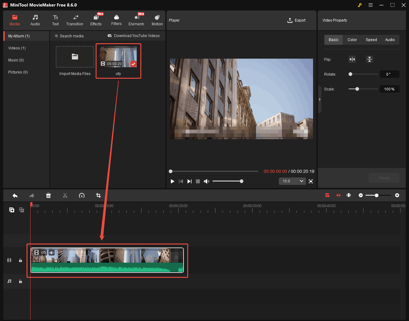 MiniTool MovieMaker interface showing how to drag and drop the video onto the timeline.