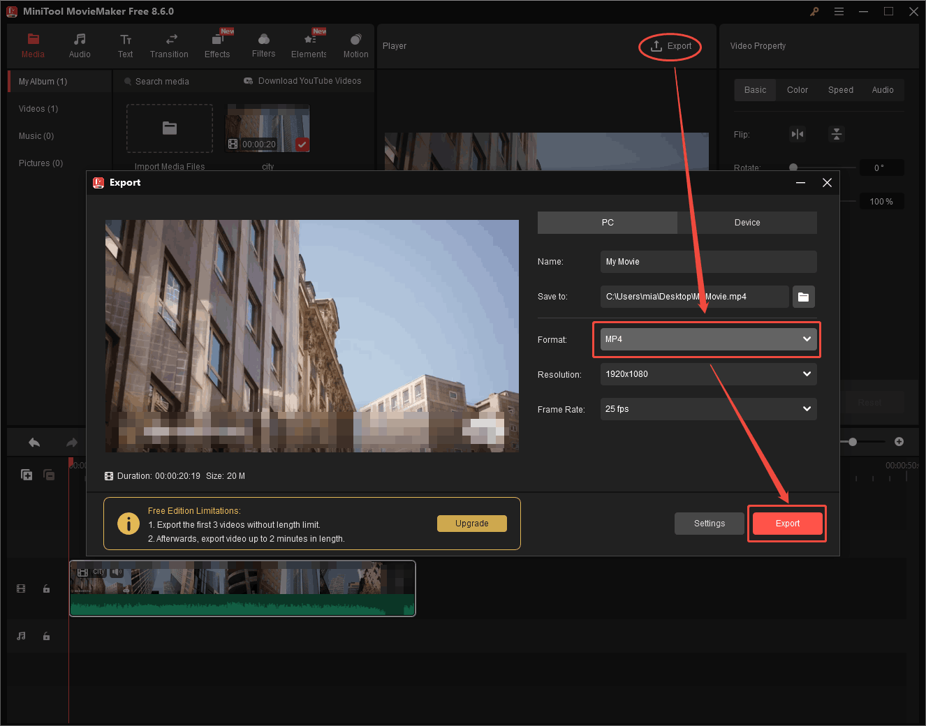 MiniTool MovieMaker interface showing how to export the video in MP4 format.