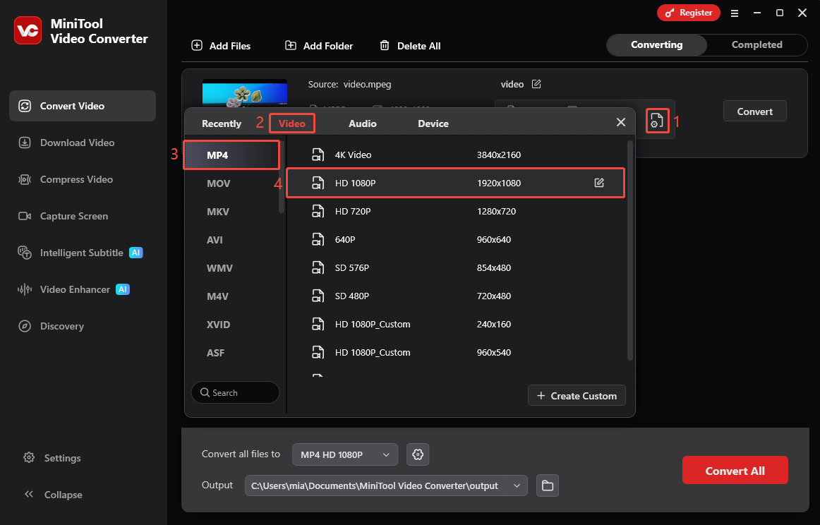 MiniTool Video Converter output format selection window showing how to choose MP4 as the output format.