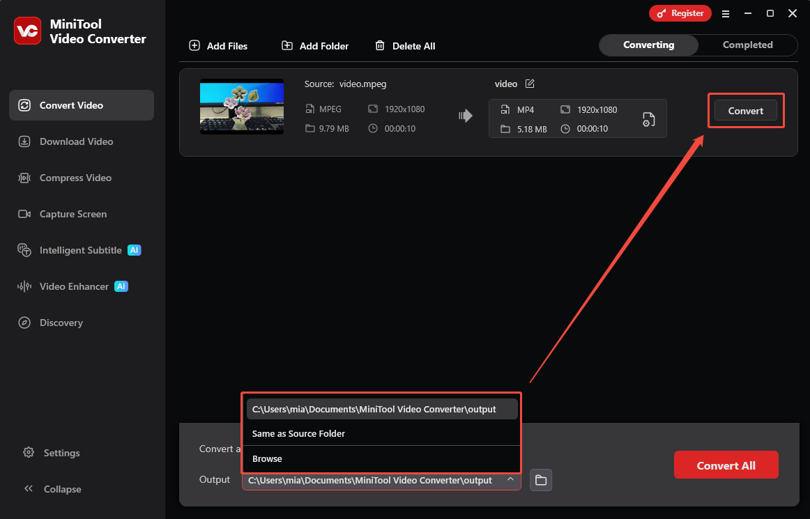 MiniTool Video Converter Convert Video interface with the output option and the Convert option selected.