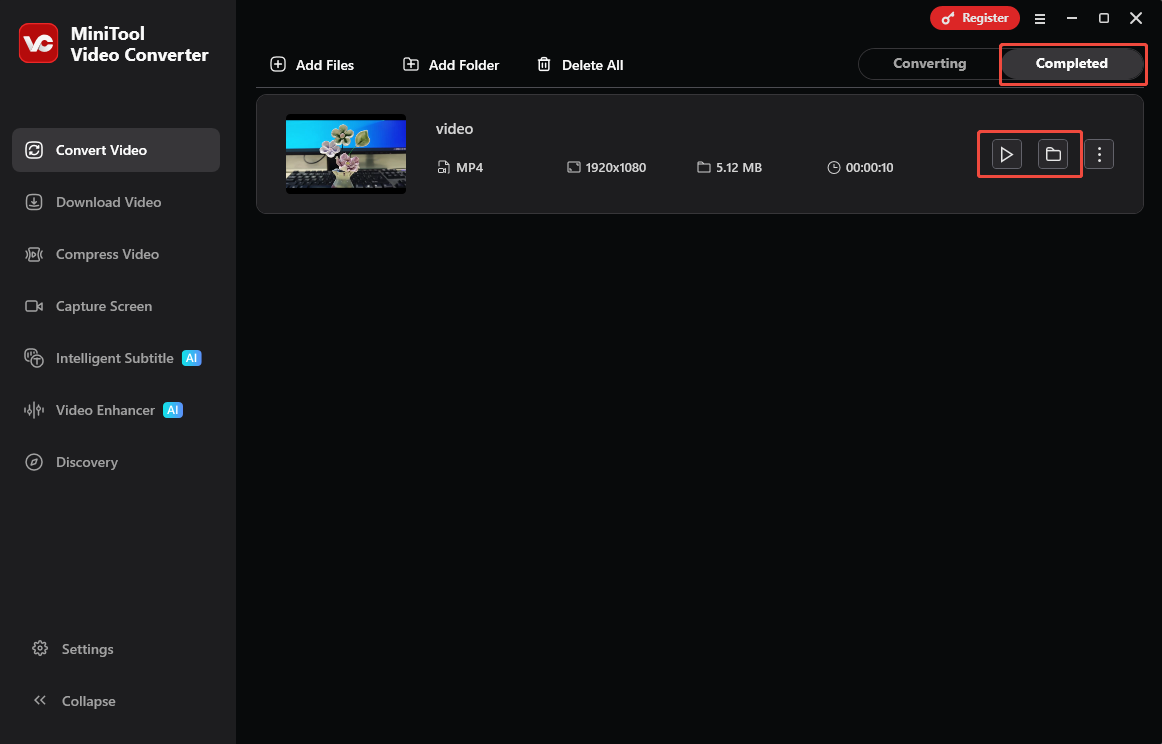 MiniTool Video Converter Convert Video interface with the play icon and the folder icon selected.