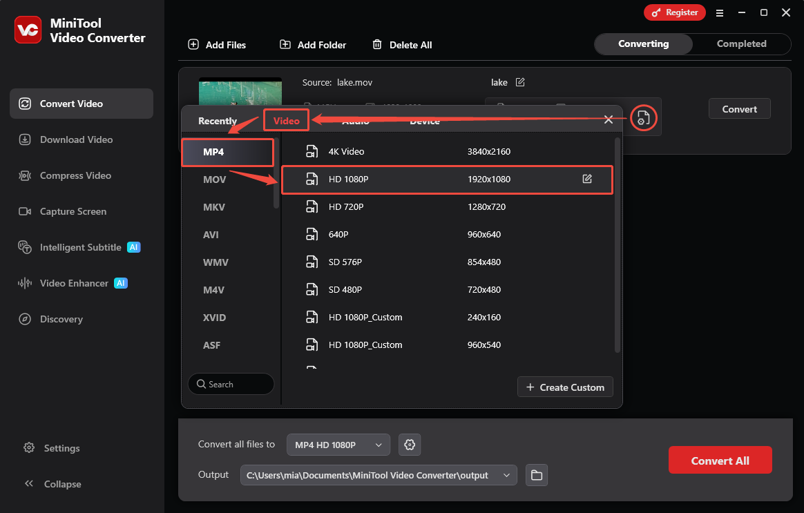 MiniTool Video Converter output format selection window showing how to choose MP4 as the output format.