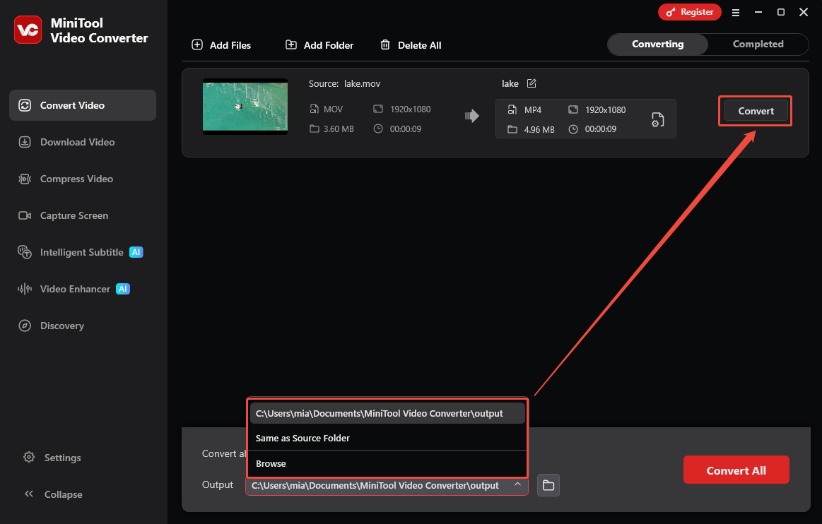 MiniTool Video Converter Convert Video interface with the output option and the Convert All option selected.