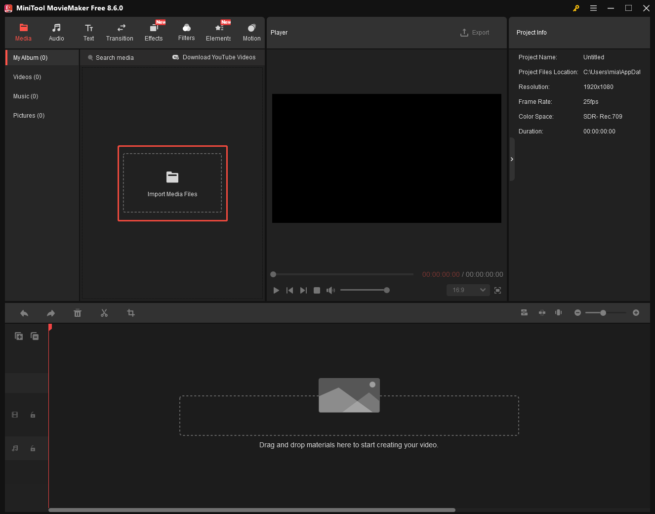 MiniTool MovieMaker interface with the Import Media Files option selected.