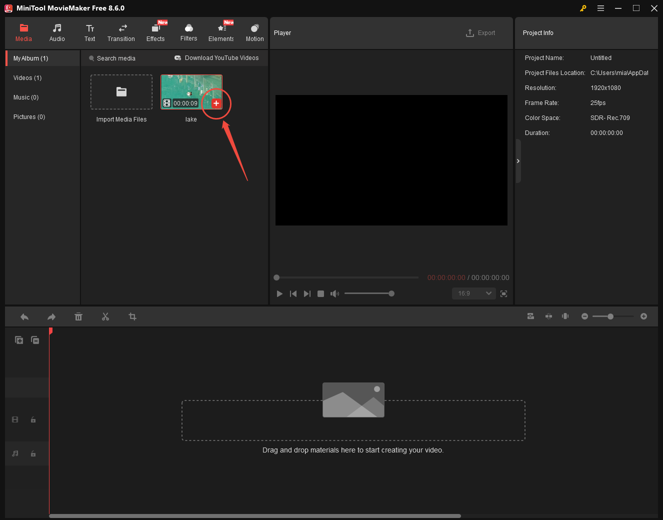 MiniTool MovieMaker interface with the add icon selected on the import video.