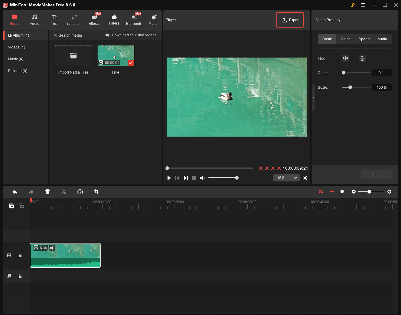 MiniTool MovieMaker interface with the Export option selected.