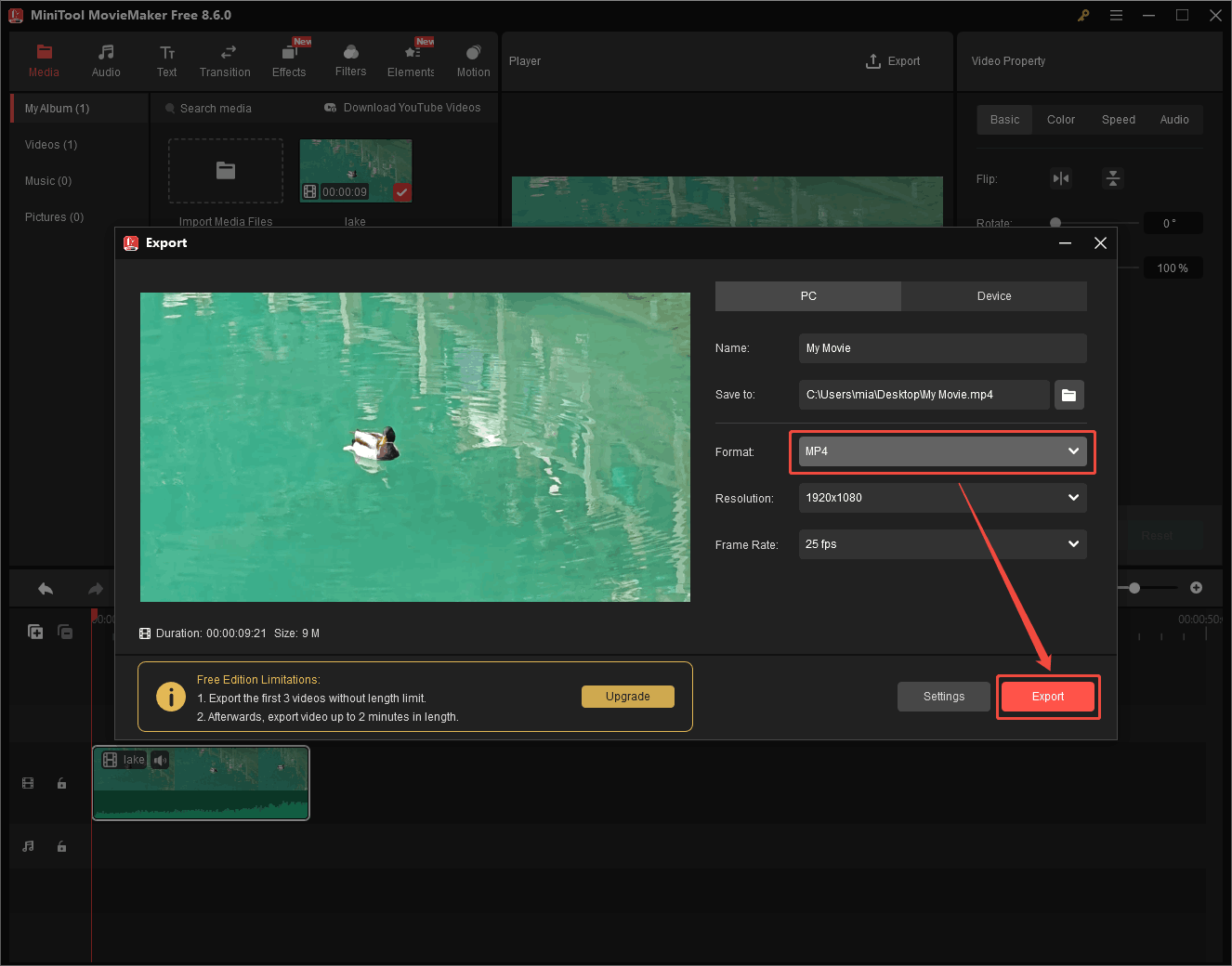 MiniTool MovieMaker Export window showing how to export the video as MP4.