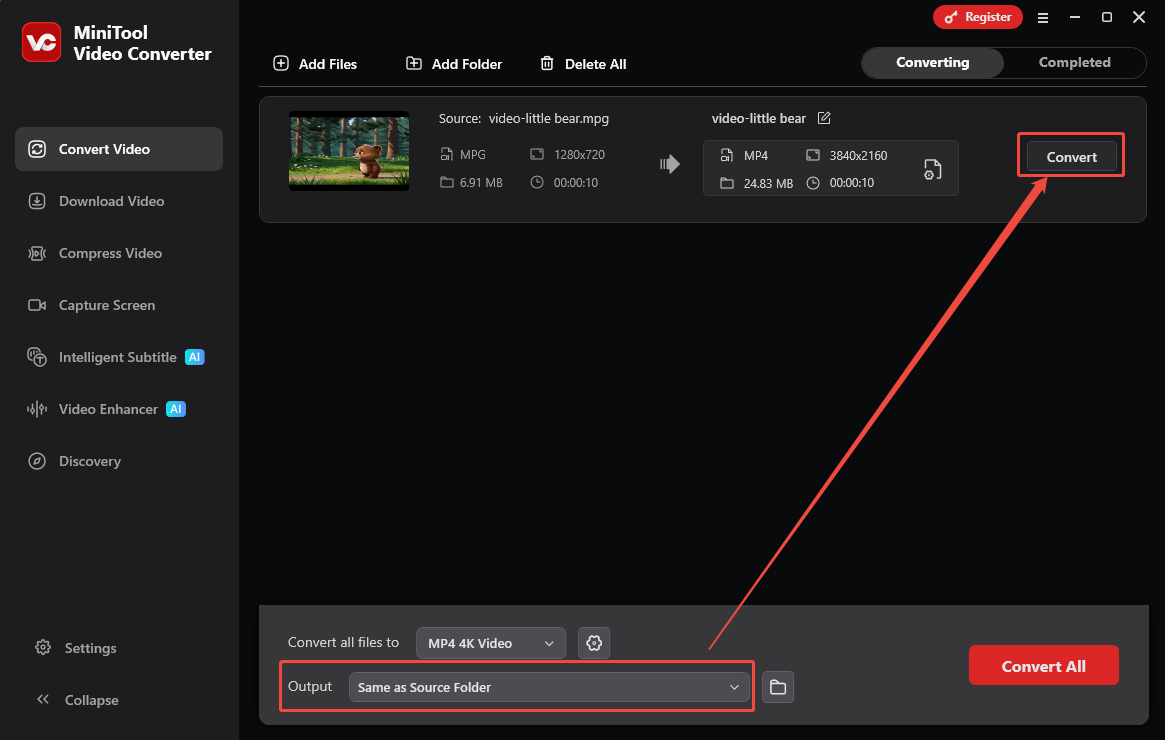 MiniTool Video Converter interface with the Output option and the Convert button selected in the Convert Video tab.