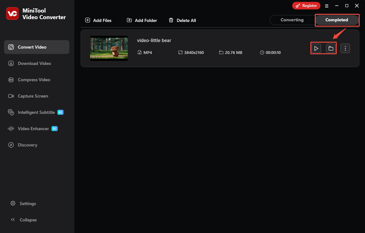 MiniTool Video Converter Completed tab with the Play icon and Folder icon selected in the Convert Video tab.