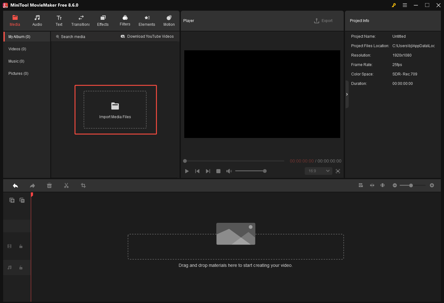 MiniTool MovieMaker interface with the Import Media Files option selected.