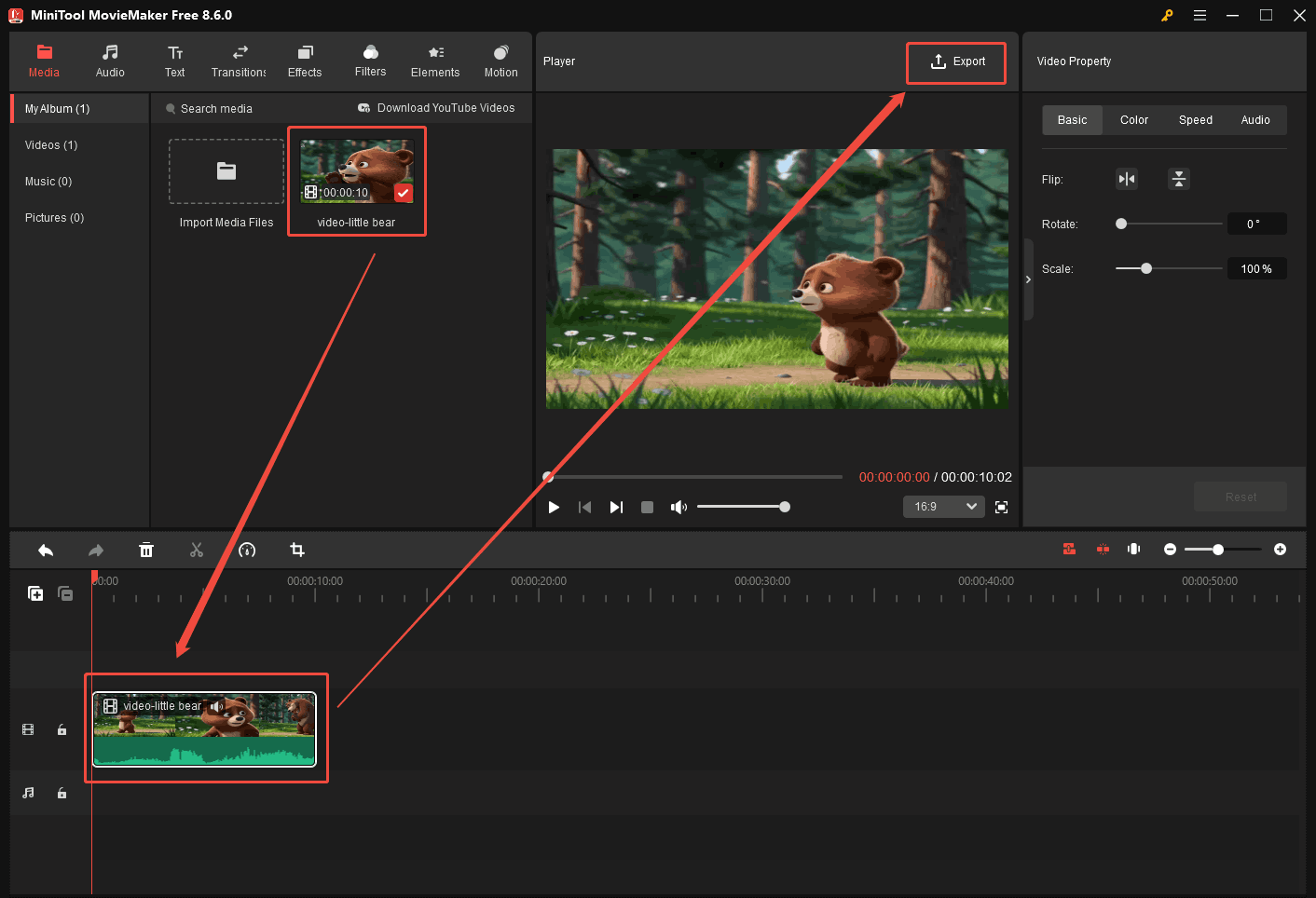 MiniTool MovieMaker interface showing how to drag the file onto the timeline.
