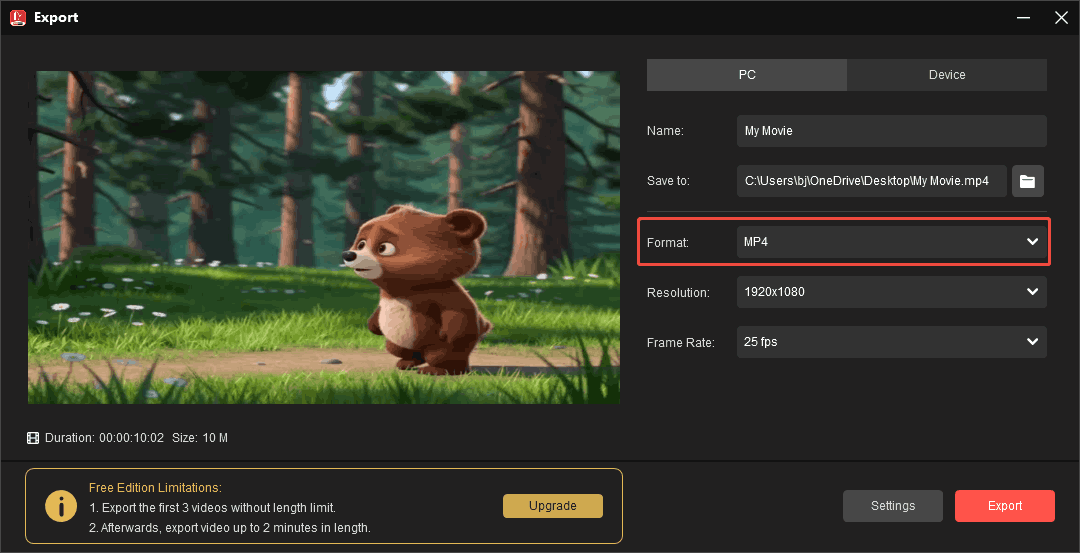 MiniTool MovieMaker Export window with the MP4 specified in the Format option.