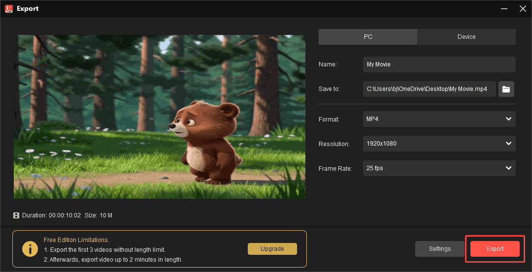 MiniTool MovieMaker Export window with the Export button selected.