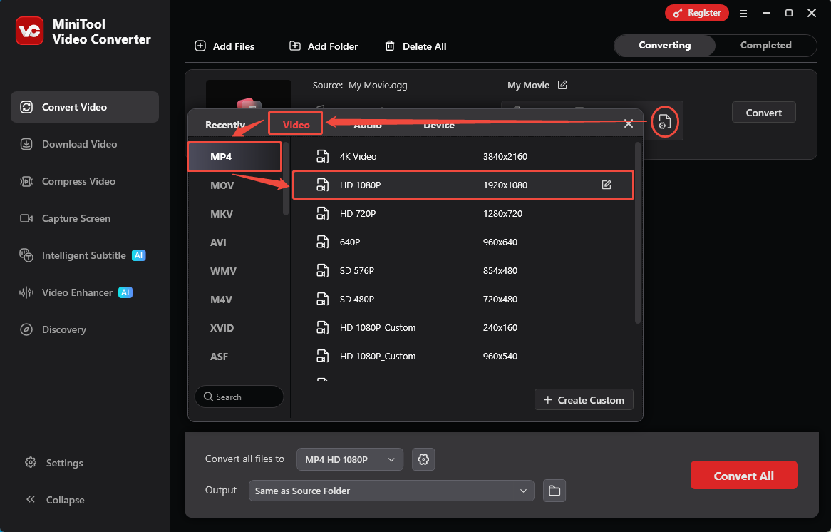 MiniTool Video Converter Convert Video interface showing how to choose the output format.