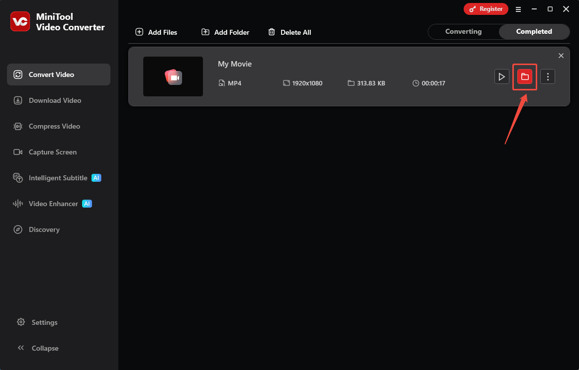 MiniTool Video Converter Convert Video interface with the folder icon selected.