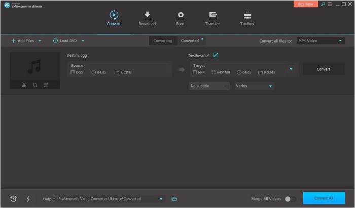 Aimersoft Video Converter Ultimate interface with the OGG to MP4 conversion task in the workspace.