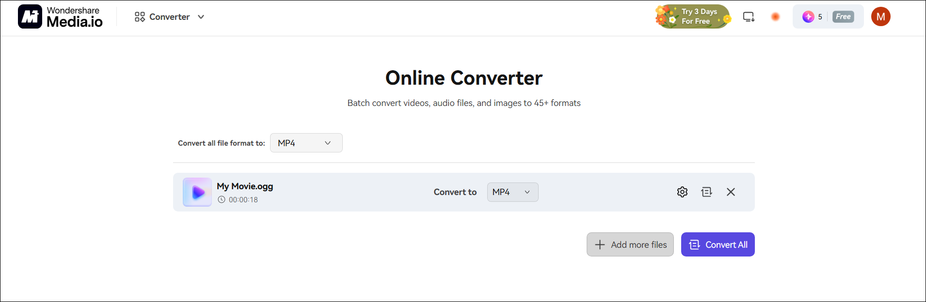 Media io file conversion interface with the OGG to MP4 conversion task.