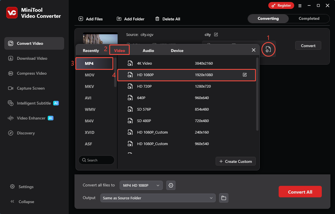 MiniTool Video Converter Convert Video interface showing how to select the export format.