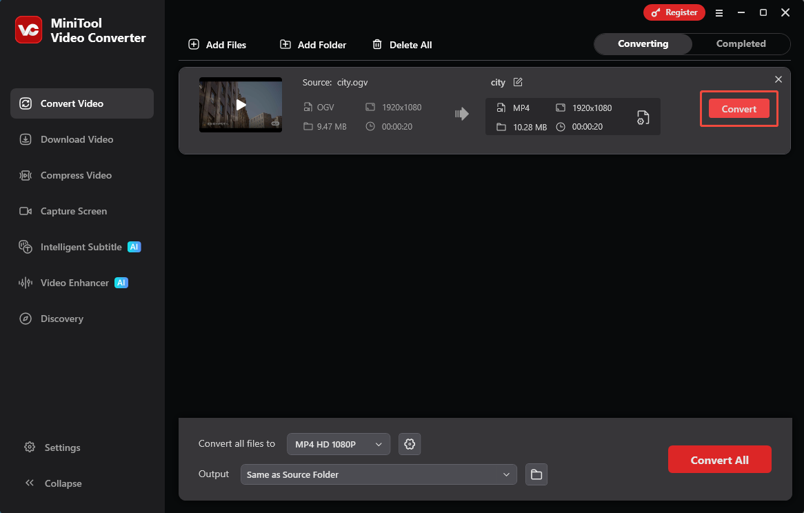 MiniTool Video Converter Convert Video interface with the Convert option selected.