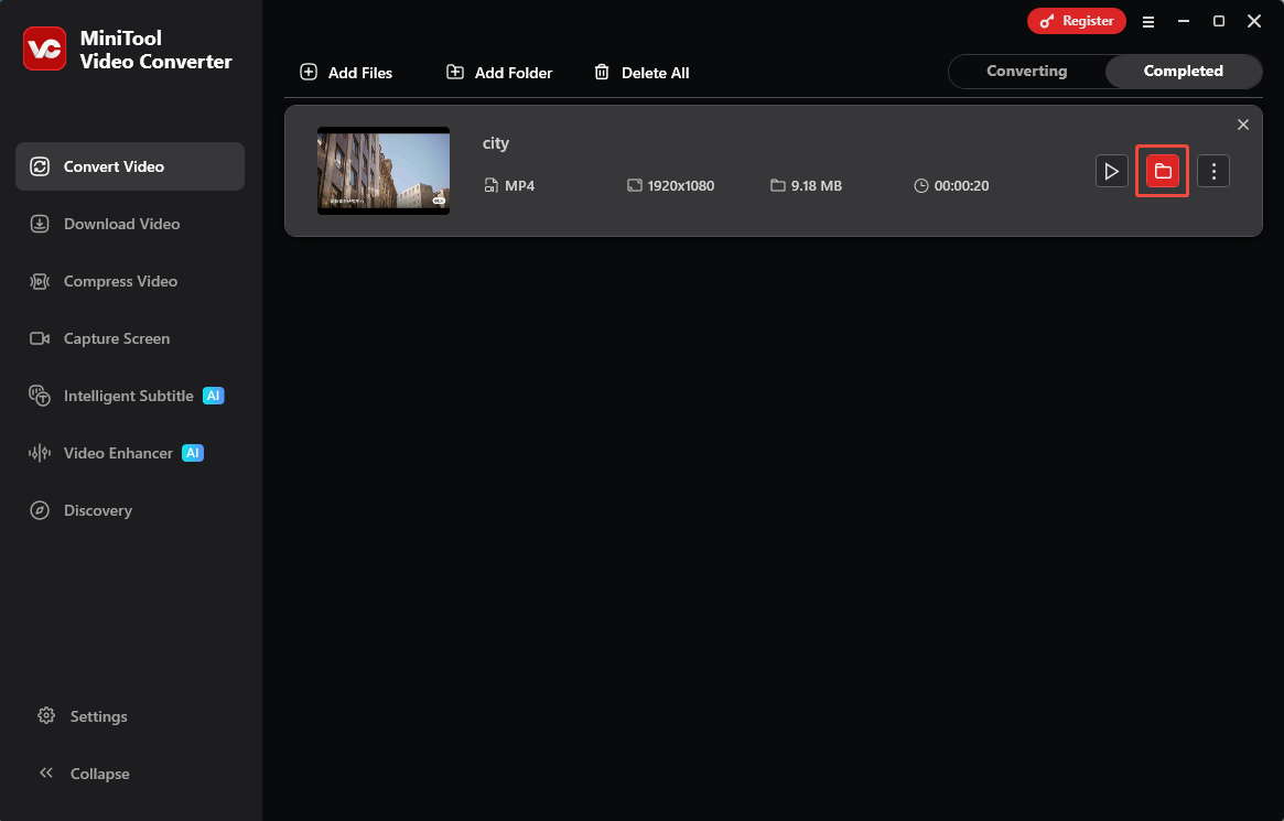 MiniTool Video Converter Convert Video interface with the folder icon selected.