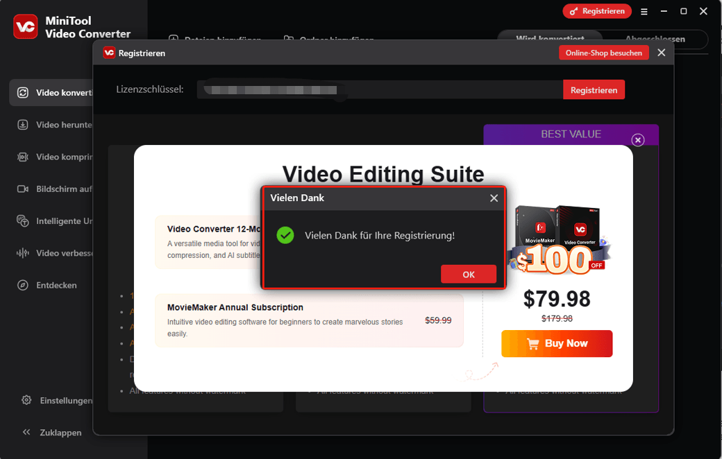 Vielen Dank für die Registrierung von MiniTool Video Converter