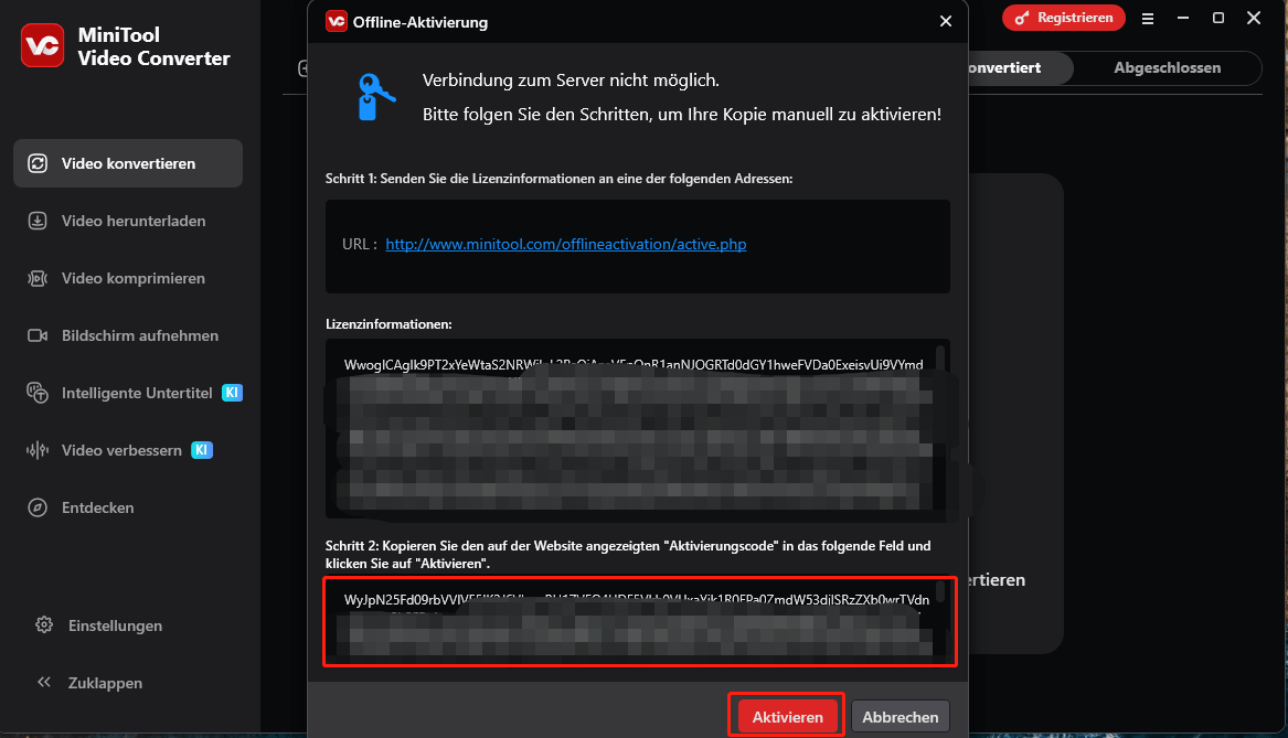 Aktivierungscode einfügen und auf Aktivieren klicken