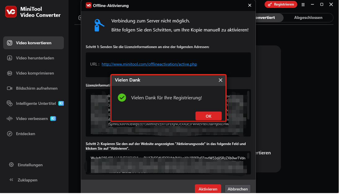 Popup-Fenster mit der Meldung Vielen Dank für Ihre Registrierung.