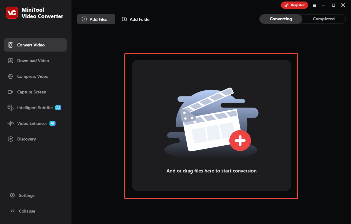 MiniTool Video Converter Convert Video interface with the middle workspace selected.