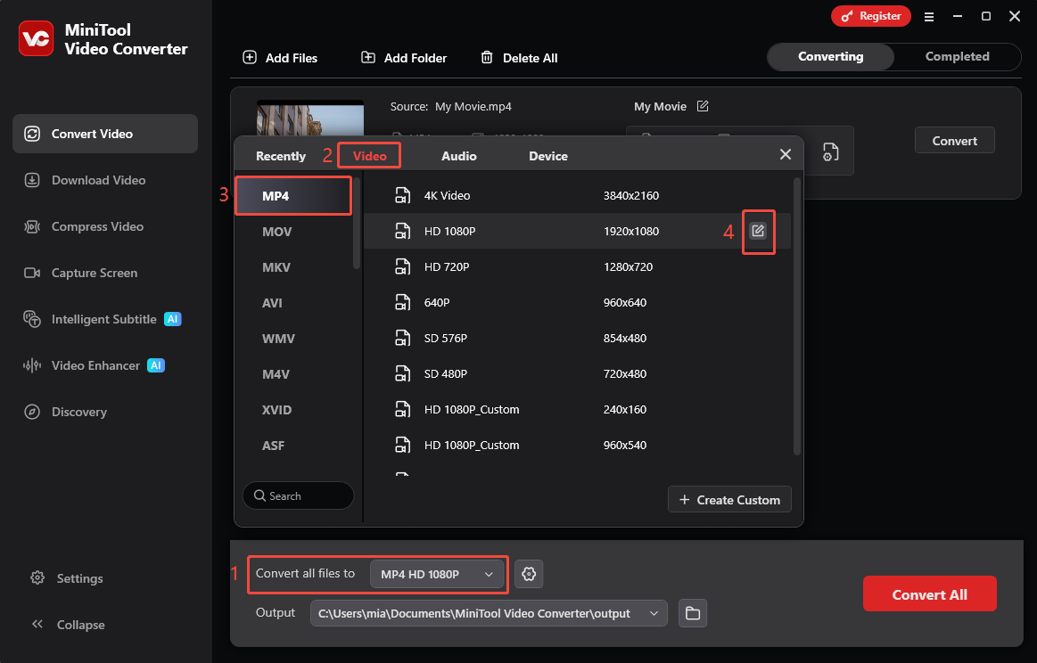 MiniTool Video Converter Convert Video interface showing how to select MP4 as output format.
