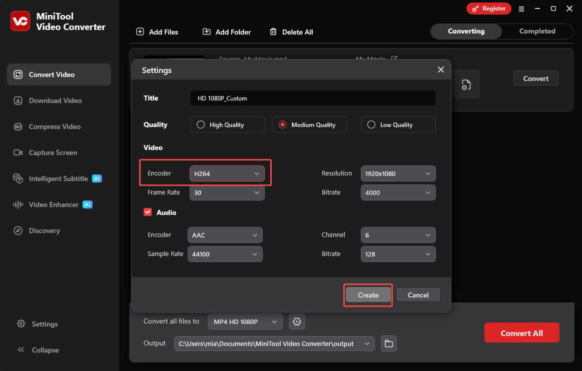 MiniTool Video Converter format Settings window with the Encoder option and the Create option selected.