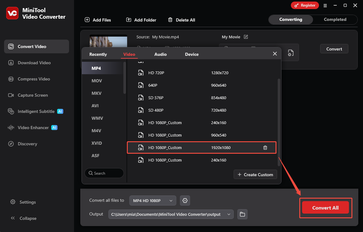 MiniTool Video Converter format Settings window showing how to choose the custom output format and start converting.