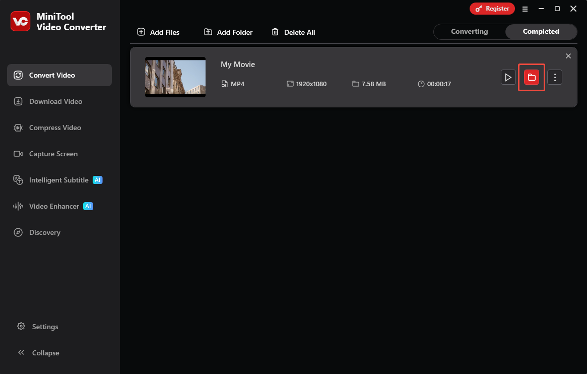 MiniTool Video Converter Convert Video interface with the folder icon selected under the Completed tab.