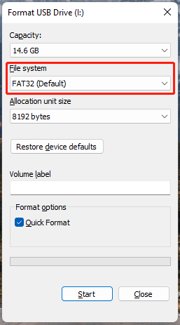 Format USB Drive with the File system option select as FAT32.