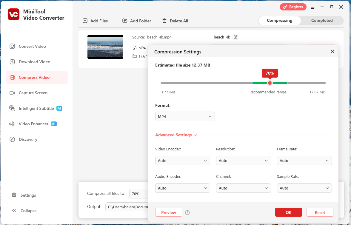 MiniTool Video Converter interface with the Compress Video tab selected and the Compression Settings window opened.