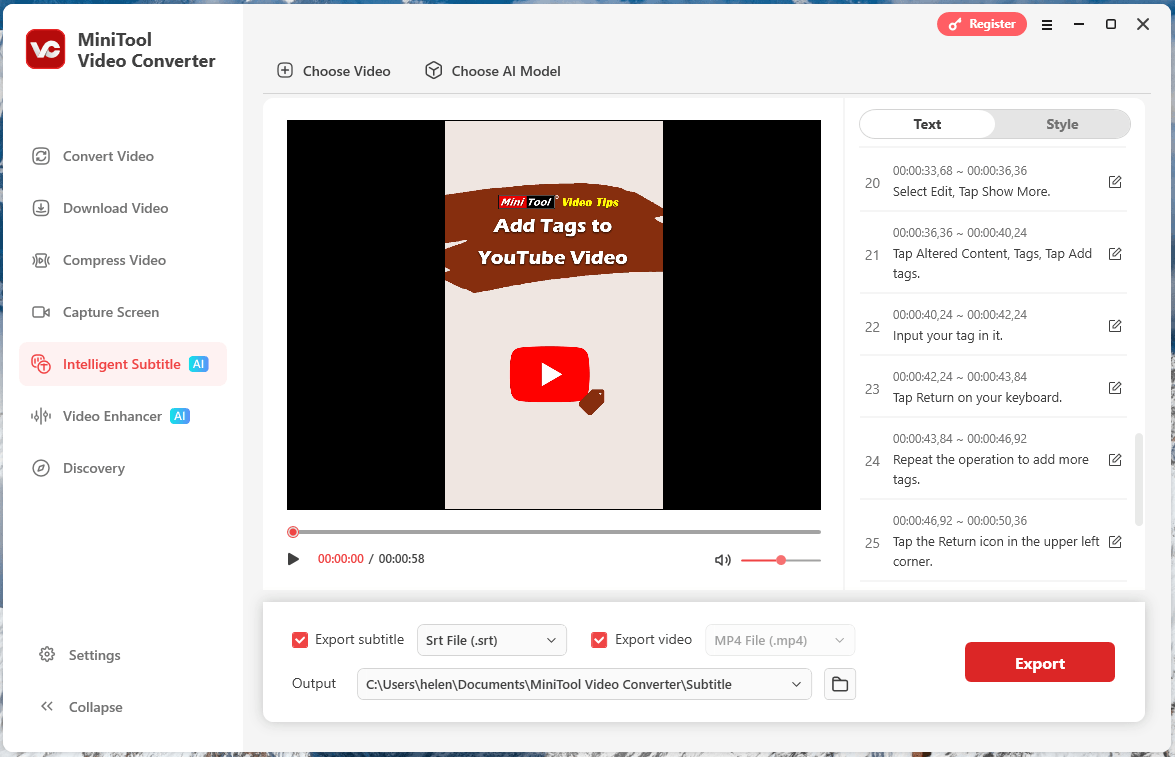 MiniTool Video Converter Intelligent Subtitle interface with a video subtitle generated for editing or exporting.