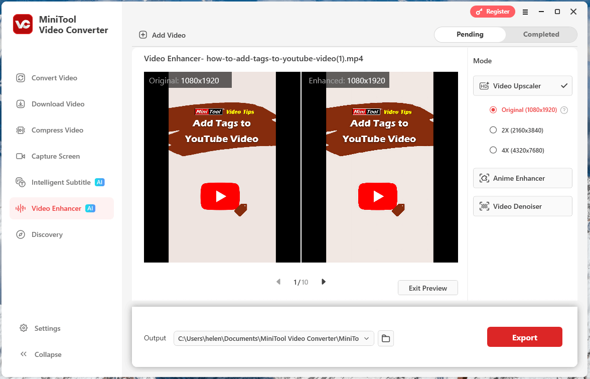 MiniTool Video Converter Video Enhancer interface with a video enhanced and previewed for exportation.