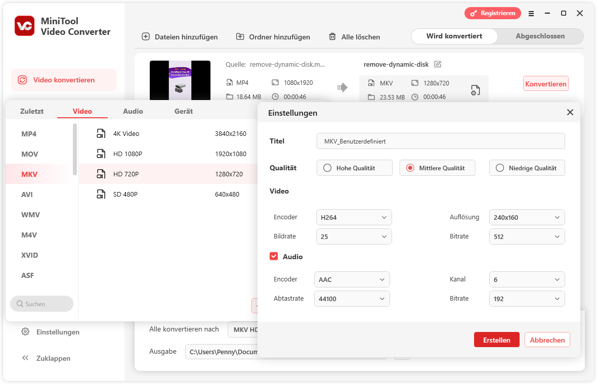 Die Oberfläche von Video konvertieren in MiniTool Video Converter.