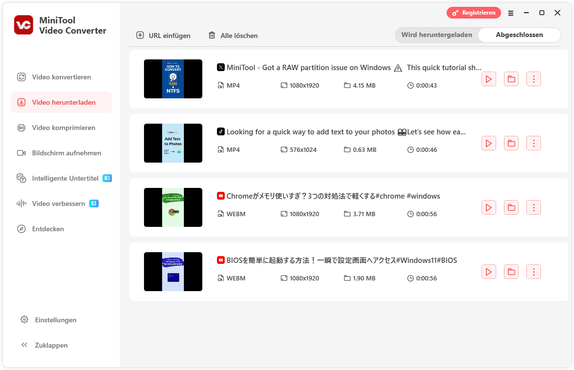 Die Oberfläche von Video herunterladen in MiniTool Video Converter.