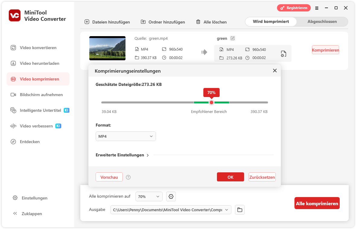 Die Oberfläche von Video komprimieren in MiniTool Video Converter.