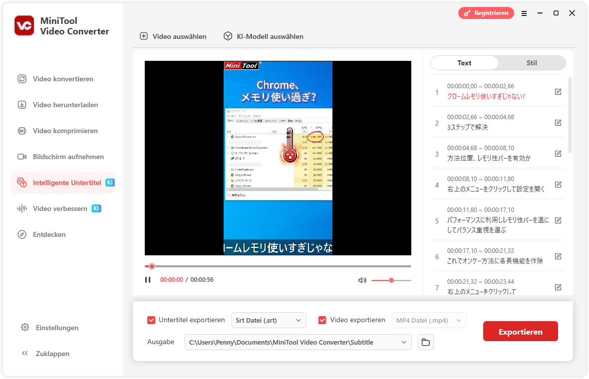 Die Oberfläche von MiniTool Video Converter Intelligente Untertitel mit generierten Untertiteln zum Bearbeiten oder Exportieren.