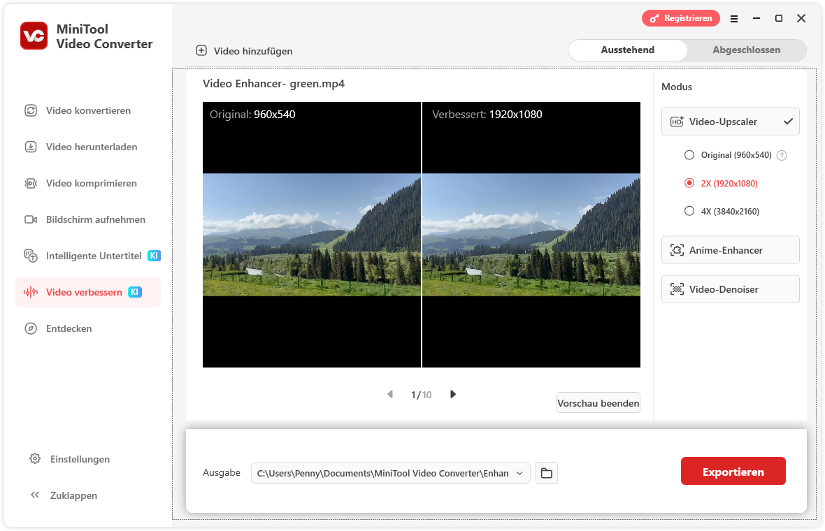 Die Oberfläche von MiniTool Video Converter Video verbessern mit verbessertem und zur Vorschau angezeigtem Video für den Export.