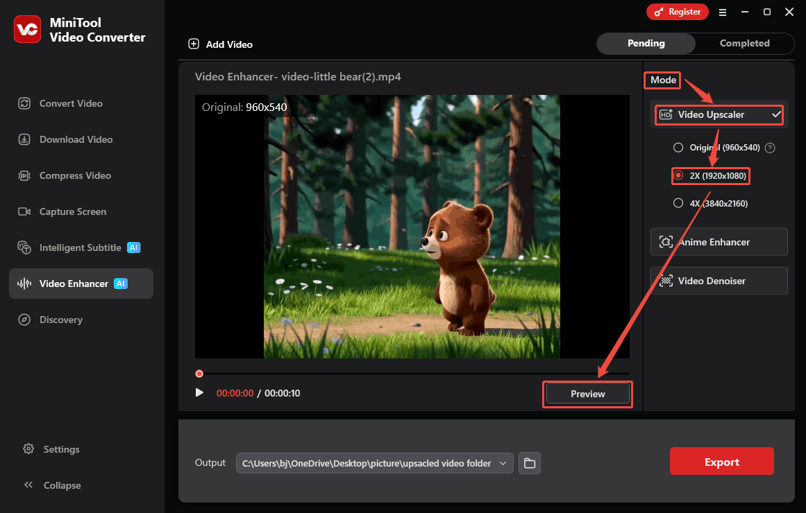 MiniTool Video Converter Mode section showing how to set 1080p as the output resolution in the Video Enhancer tab.