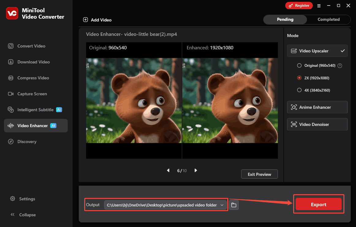 MiniTool Video Converter interface with the Output option and the Export button selected in the Video Enhancer tab.