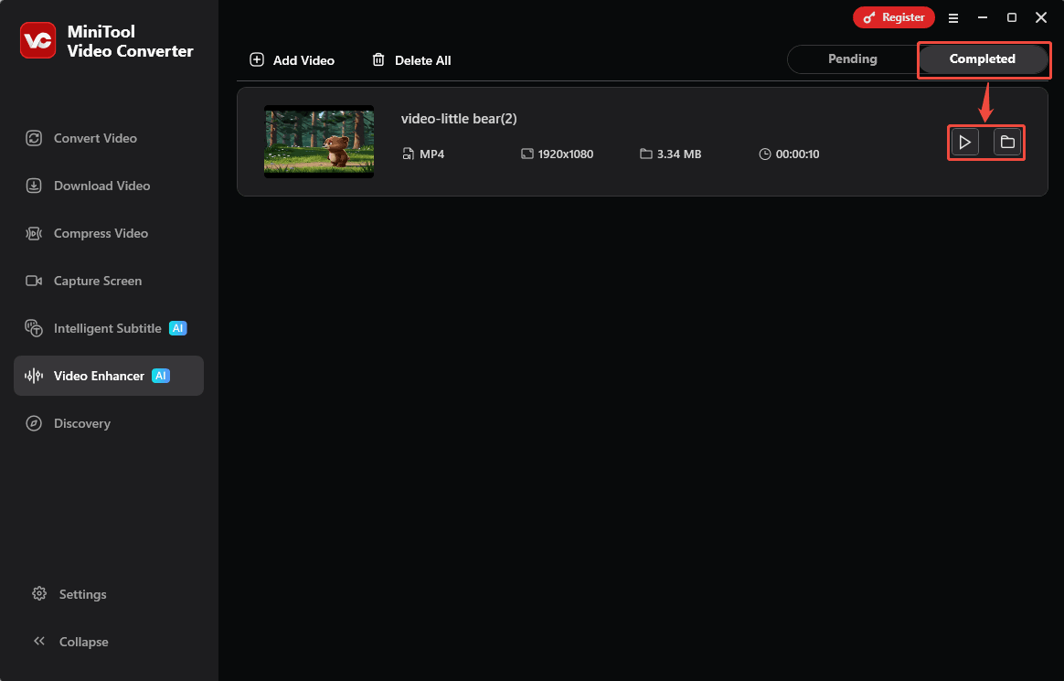 MiniTool Video Converter Completed tab with the Play icon and the Folder icon selected in the Video Enhancer tab.