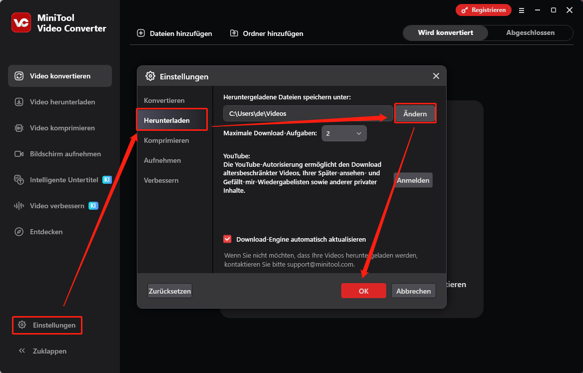 Benutzeroberfläche von MiniTool Video Converter mit der Änderung des Video-Speicherpfads