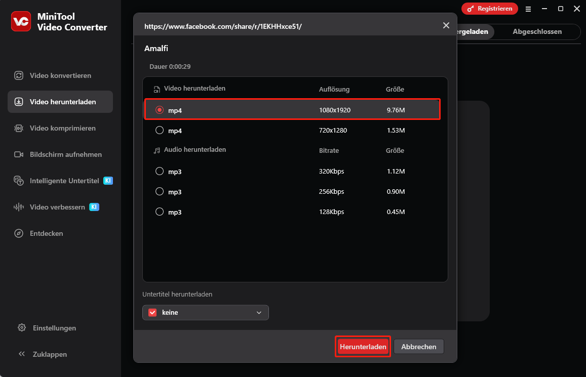 Benutzeroberfläche von MiniTool Video Converter mit ausgewähltem Facebook-Videoformat und der Option Herunterladen