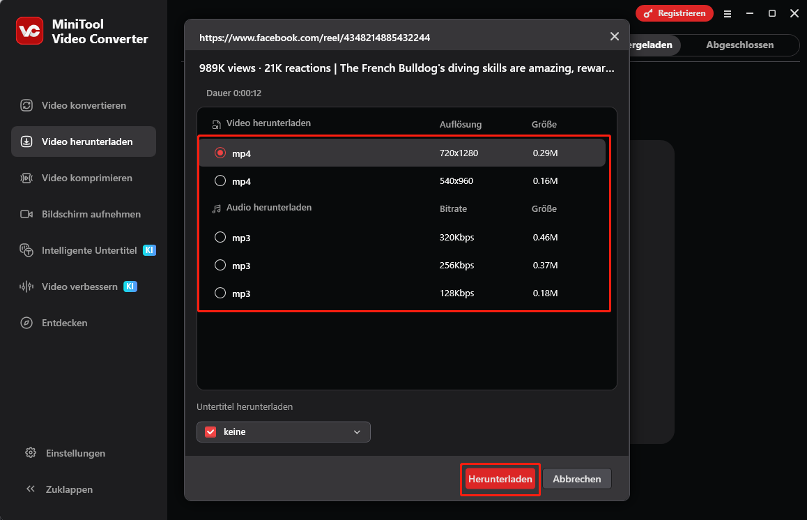 Benutzeroberfläche von MiniTool Video Converter mit dem Herunterladen von Facebook-Reels