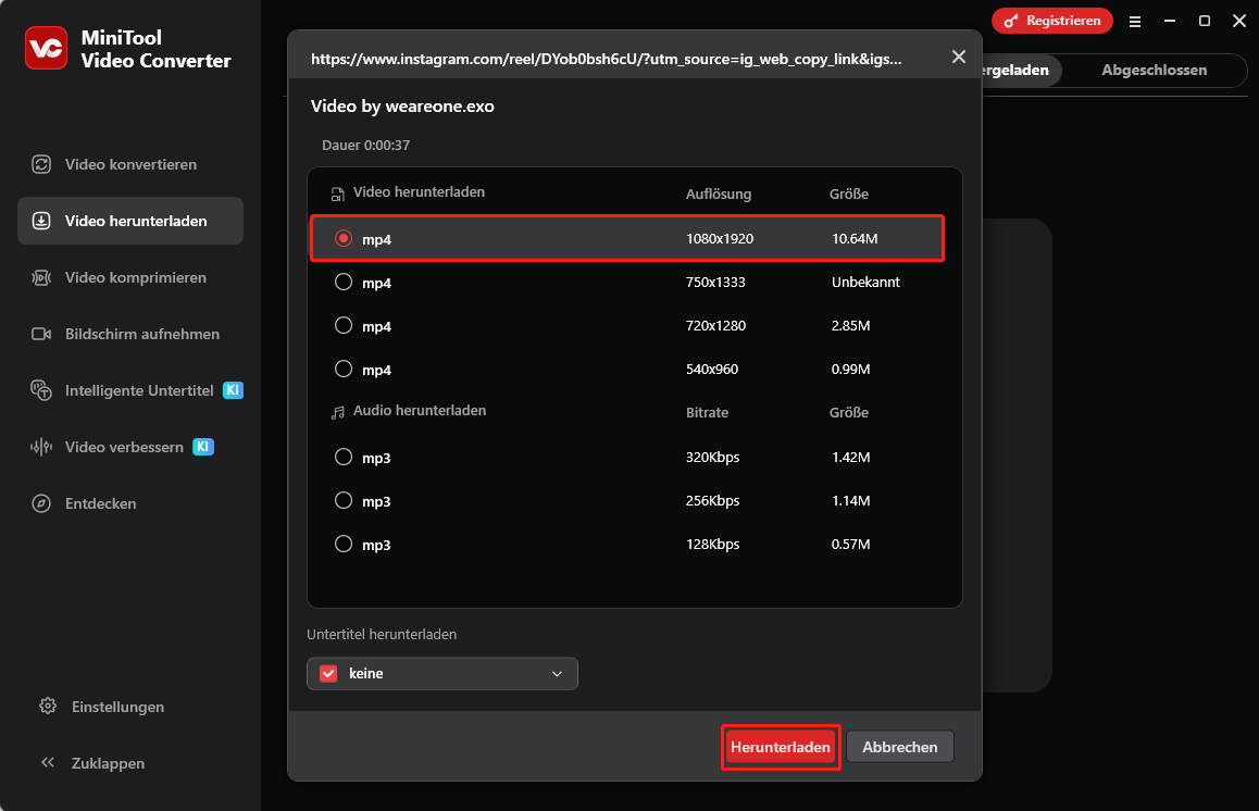 Benutzeroberfläche von MiniTool Video Converter mit ausgewähltem Instagram-Videoformat und der Option Herunterladen